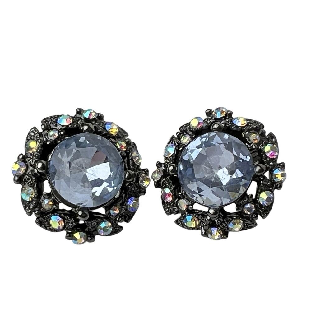 Post Earrings Faceted AB Ice Blue Center Stone Shimmer Halo Antiqued Silver Tone